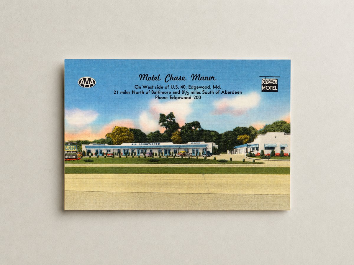 Motel Chase Manor, On west side of U. S. 40, Edgewood, MD, 21 miles north of Baltimore and 8 1/2 miles south of Aberdeen — Vintage Maryland Postcard