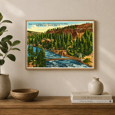 Spokane, WA: Scene on the Spokane River, showing suspension foot bridge, Down River Park