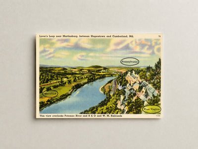 Lover's Leap near Martinsburg, between Hagerstown and Cumberland, MD This view overlooks Potomac River & B & O and W. M. Railroads. — Vintage Maryland Postcard