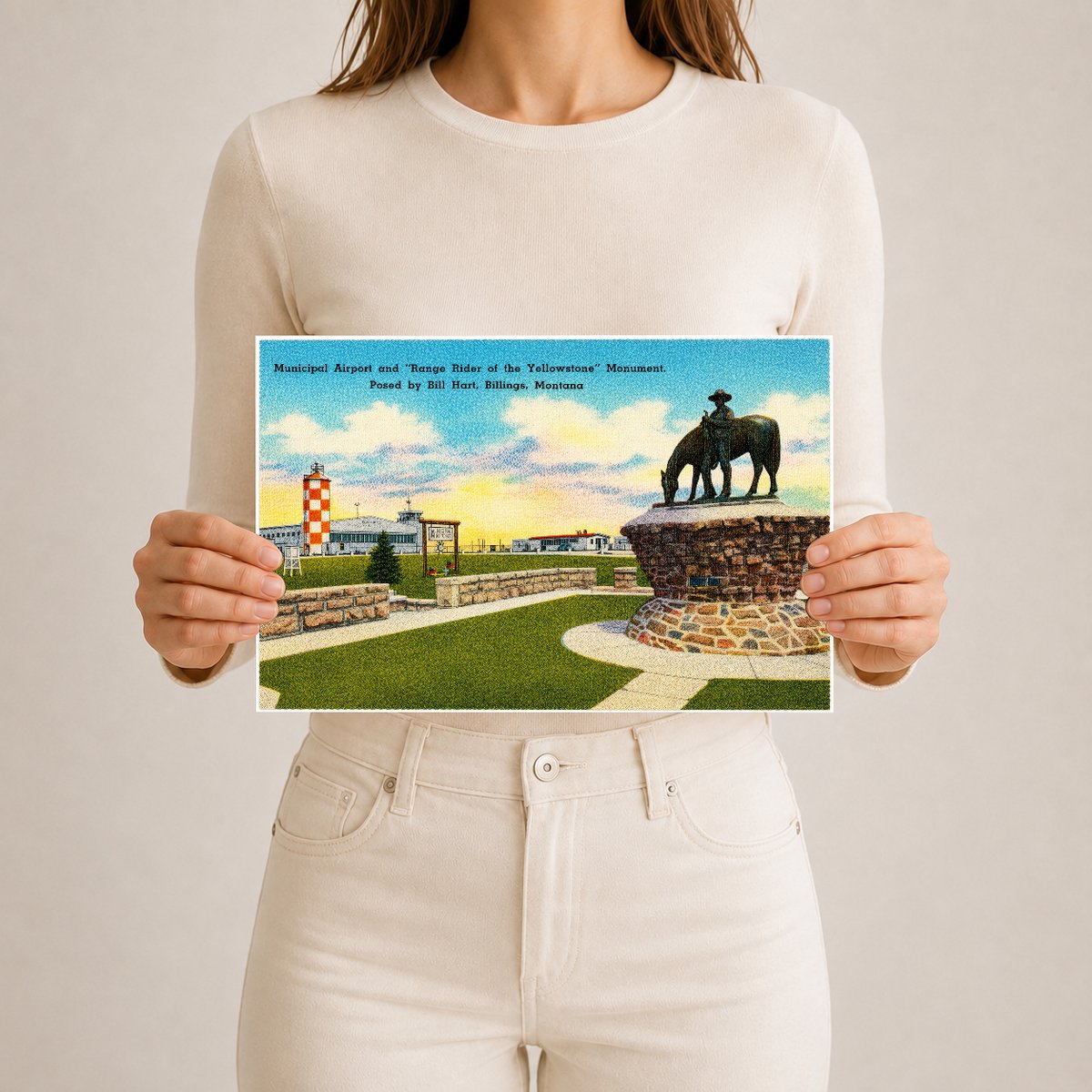 Billings, MT: Municipal Airport and "Range of the Yellowstone" Monument, posed by Bill Hart