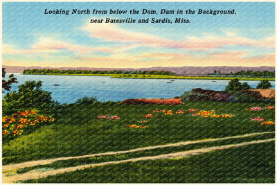 Sardis Lake, MS: Looking north from below the Dam, Dam in the background, near Batesville and Sardis