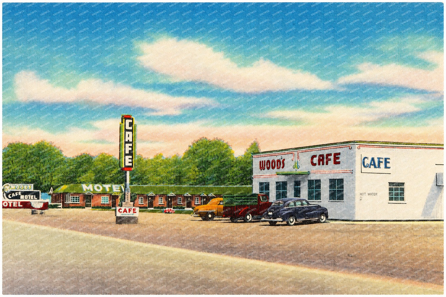 Europe, WY: Wood's Motel & Café, ultra modern and steam heat, located East Evanston, Wyoming, on Hiway 30S