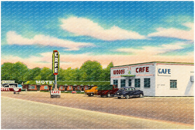 Europe, WY: Wood's Motel & Café, ultra modern and steam heat, located East Evanston, Wyoming, on Hiway 30S
