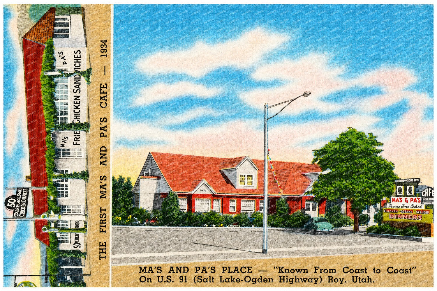 Roy, UT: Ma's and Pa's Place -- "Known from coast to coast", on U.S. 91 (Salt Lake - Ogden  Highway), Roy, Utah. The first Ma's and Pa's Café -- 1934