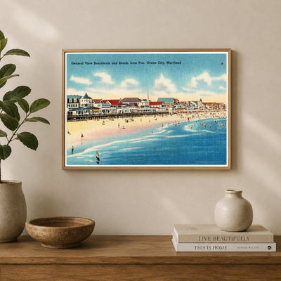 General view boardwalk and beach, from pier, Ocean City, Maryland — Vintage Maryland Postcard