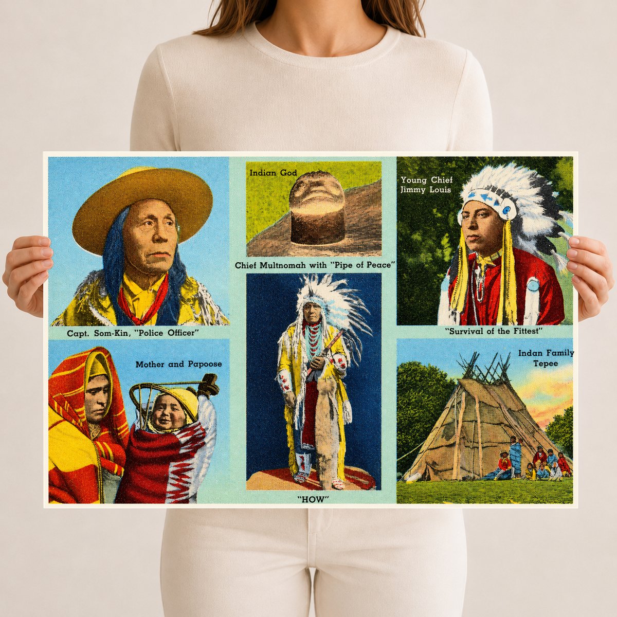 Portland, OR: Capt. Som-Kim, "Police Officer". Indian God. Young Chief Jimmy Louis, "Survival of the fittest". Mother and Papoose. Chief Multnomah with "Pipe of Peace", "How". Indian family tepee