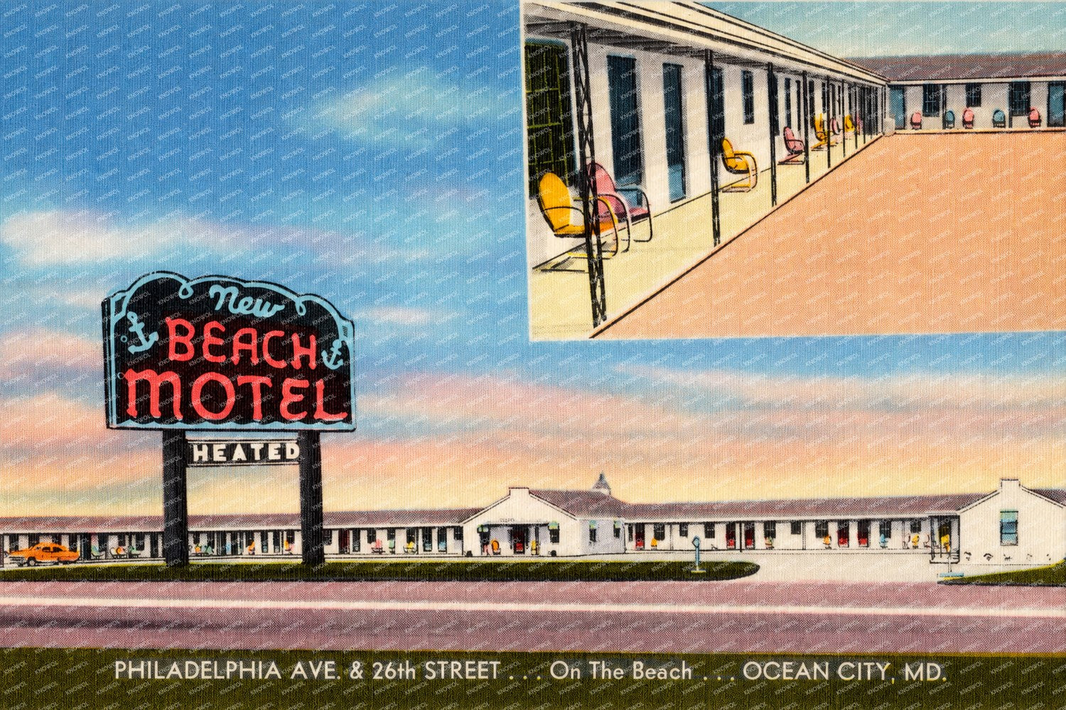 New Beach Motel, Philadelphia Ave., & 26th Street... on the beach... Ocean City, MD — Vintage Maryland Postcard