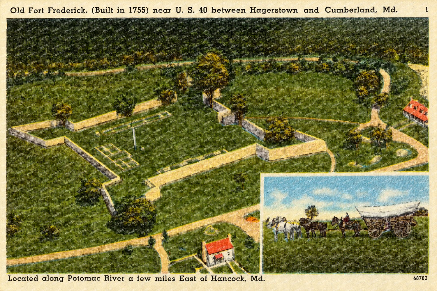 Old Fort Frederick (built in 1755) near U. S. 40 between Hagerstown and Cumberland, MD, located along Potomac River a few miles east of Hancock, MD — Vintage Maryland Postcard