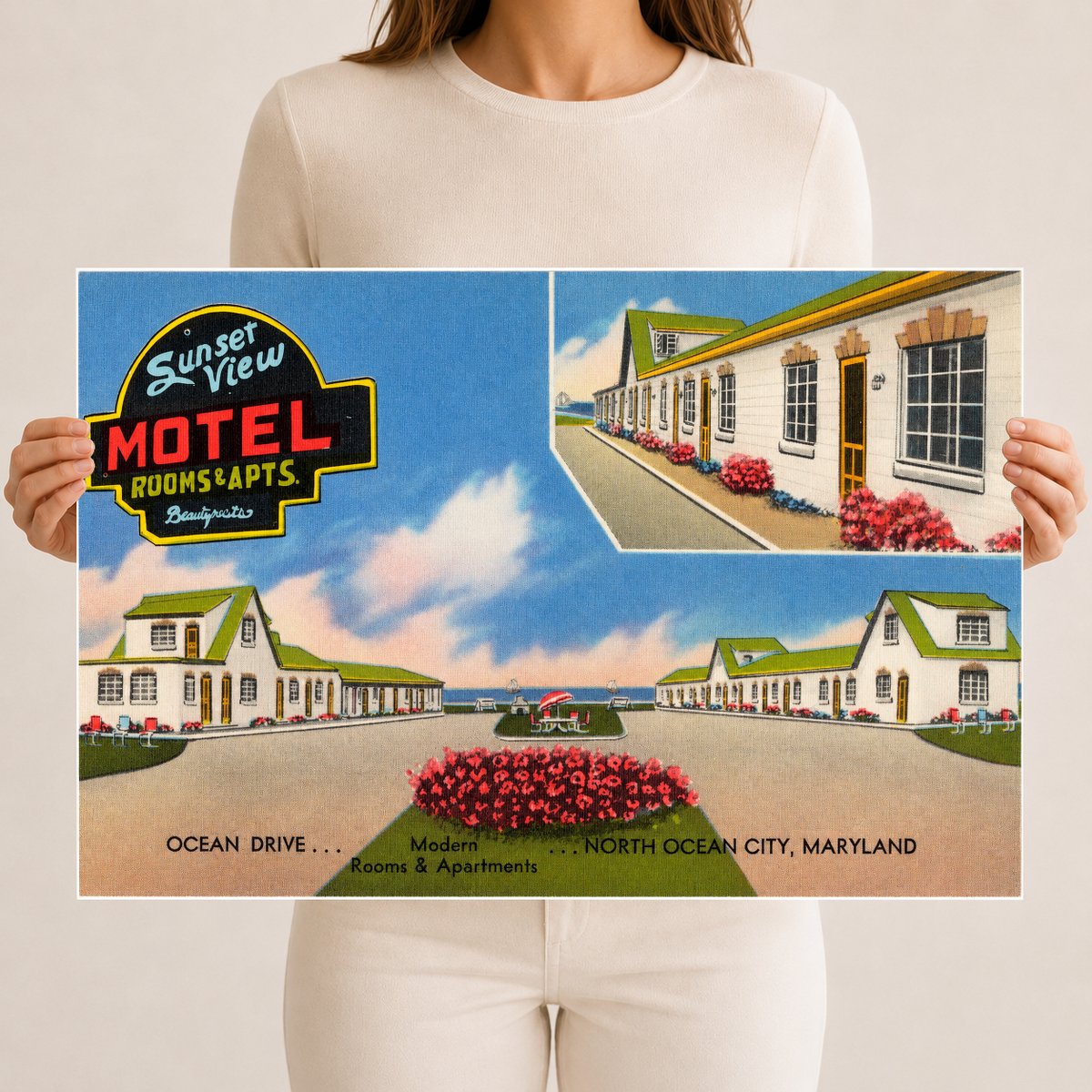 Sunset View Motel, Ocean Drive... modern rooms & apartments... North Ocean City, Maryland — Vintage Maryland Postcard
