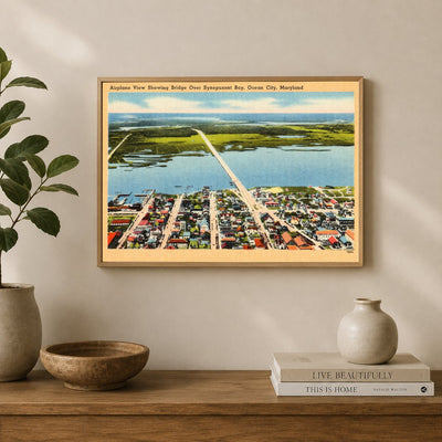 Airplane view showing bridge over Synepuxent Bay, Ocean City, Maryland — Vintage Maryland Postcard