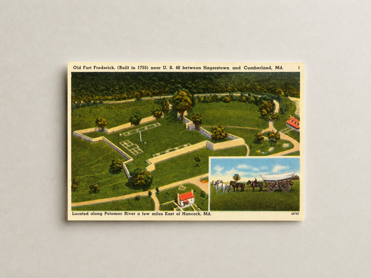 Old Fort Frederick (built in 1755) near U. S. 40 between Hagerstown and Cumberland, MD, located along Potomac River a few miles east of Hancock, MD — Vintage Maryland Postcard