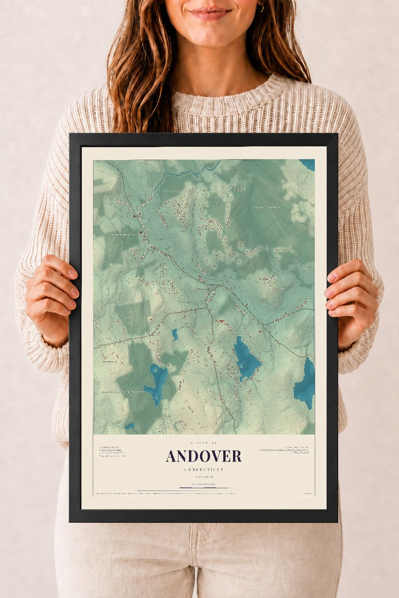 Andover, Connecticut map print, 12" x 18", W/ Black Ayous Wood Frame