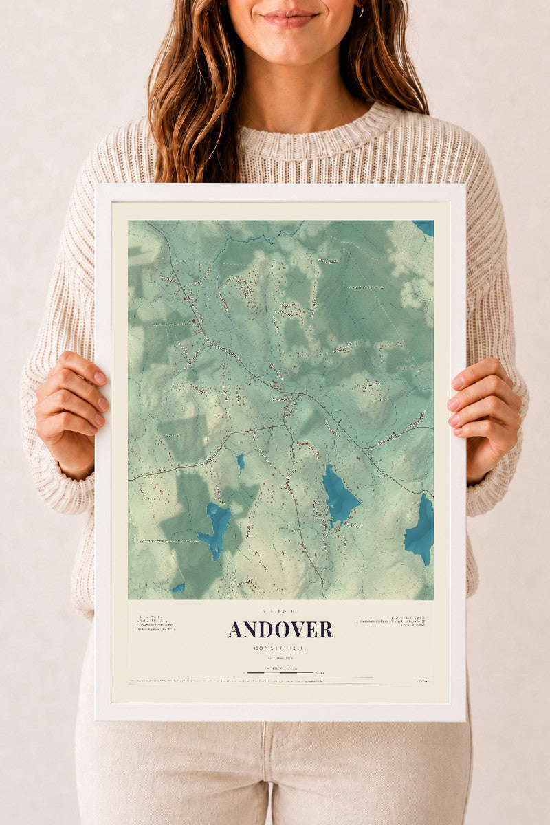 Andover, Connecticut map print, 12" x 18", W/ White Ayous Wood Frame