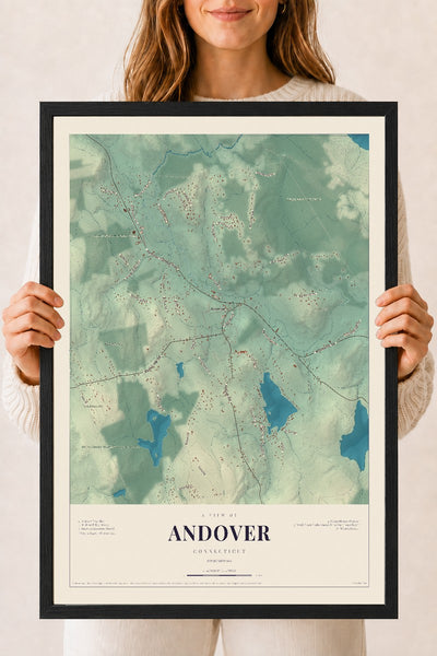 Andover, Connecticut map print, 18" x 24", W/ Black Ayous Wood Frame