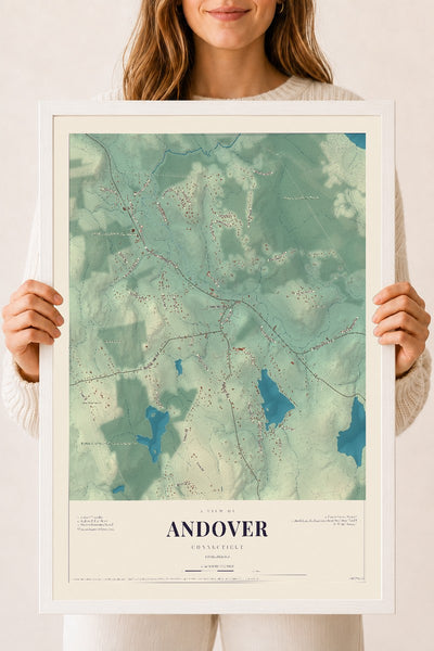 Andover, Connecticut map print, 18" x 24", W/ White Ayous Wood Frame