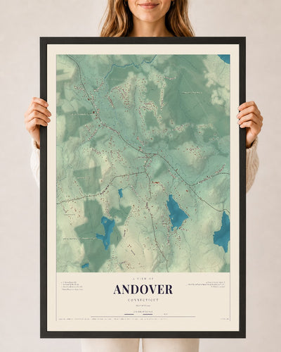 Andover, Connecticut map print, 24" x 36", W/ Black Ayous Wood Frame