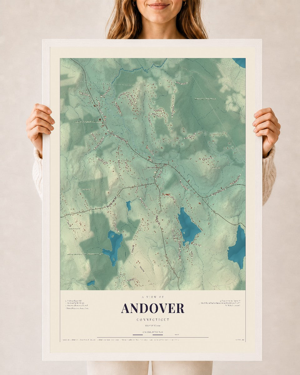Andover, Connecticut map print, 24" x 36", W/ White Ayous Wood Frame