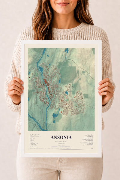 Ansonia, Connecticut map print, 12" x 18", W/ White Ayous Wood Frame