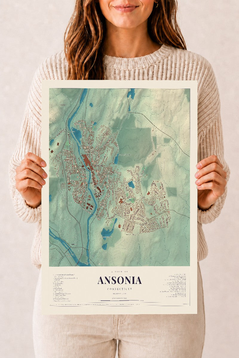 Ansonia, Connecticut map print, 12" x 18", Archival Matte Print