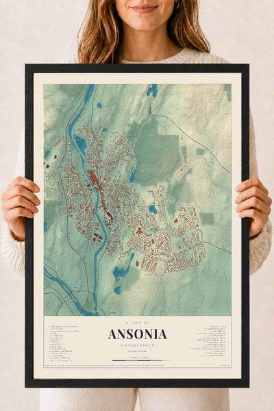 Ansonia, Connecticut map print, 18" x 24", W/ Black Ayous Wood Frame