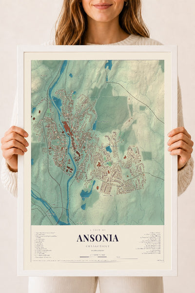 Ansonia, Connecticut map print, 18" x 24", W/ White Ayous Wood Frame