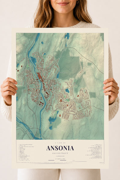 Ansonia, Connecticut map print, 18" x 24", Archival Matte Print