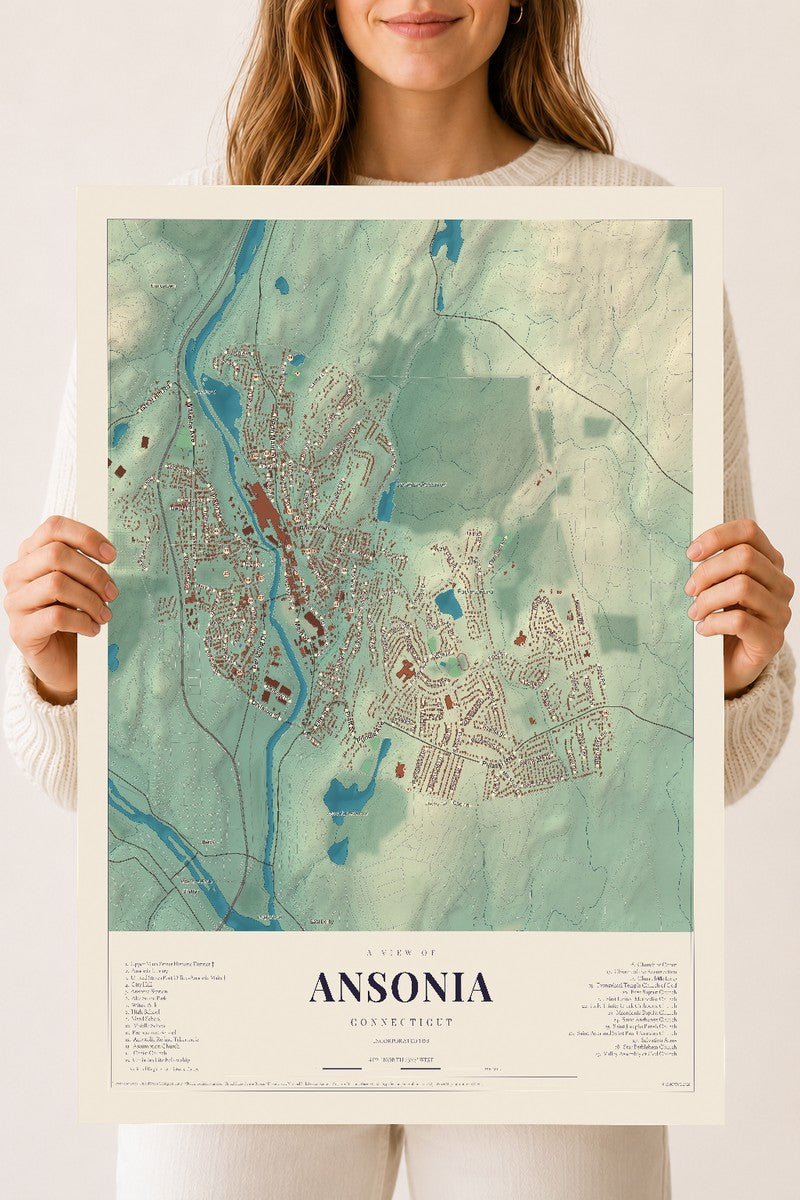 Ansonia, Connecticut map print, 18" x 24", Archival Matte Print