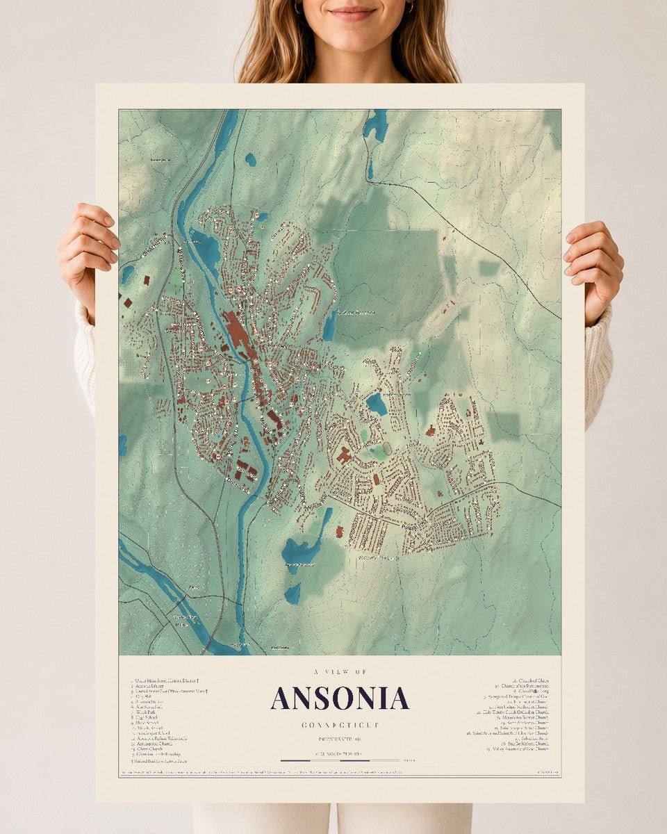 Ansonia, Connecticut map print, 24" x 36", Archival Matte Print