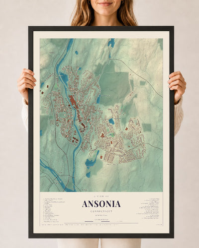 Ansonia, Connecticut map print, 24" x 36", W/ Black Ayous Wood Frame