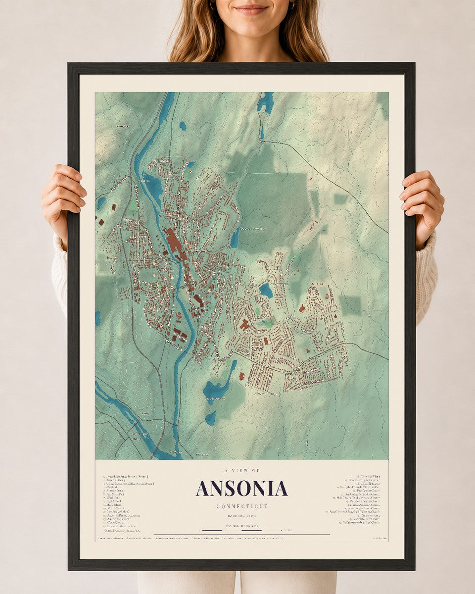 Ansonia, Connecticut map print, 24" x 36", W/ Black Ayous Wood Frame