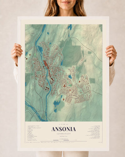 Ansonia, Connecticut map print, 24" x 36", W/ White Ayous Wood Frame