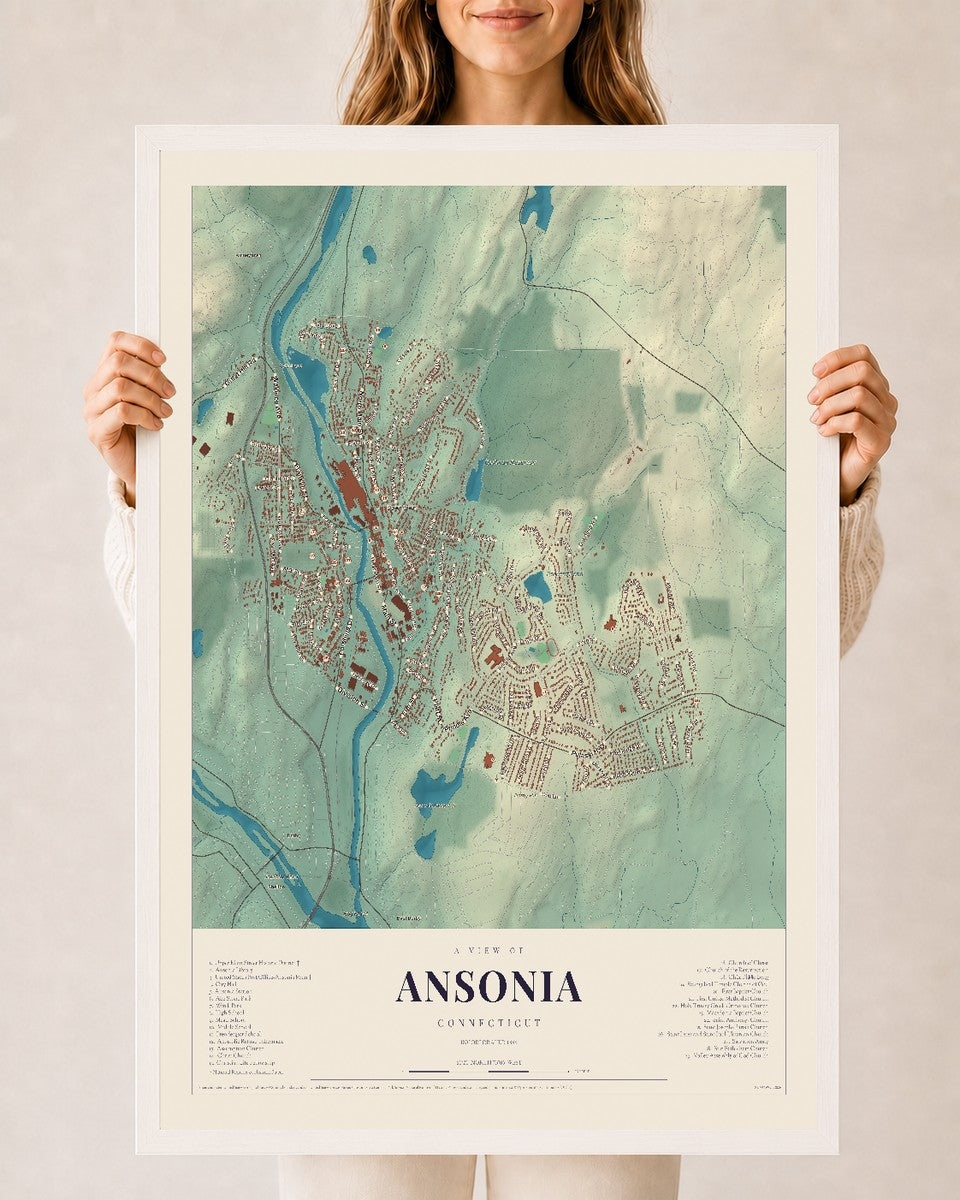 Ansonia, Connecticut map print, 24" x 36", W/ White Ayous Wood Frame