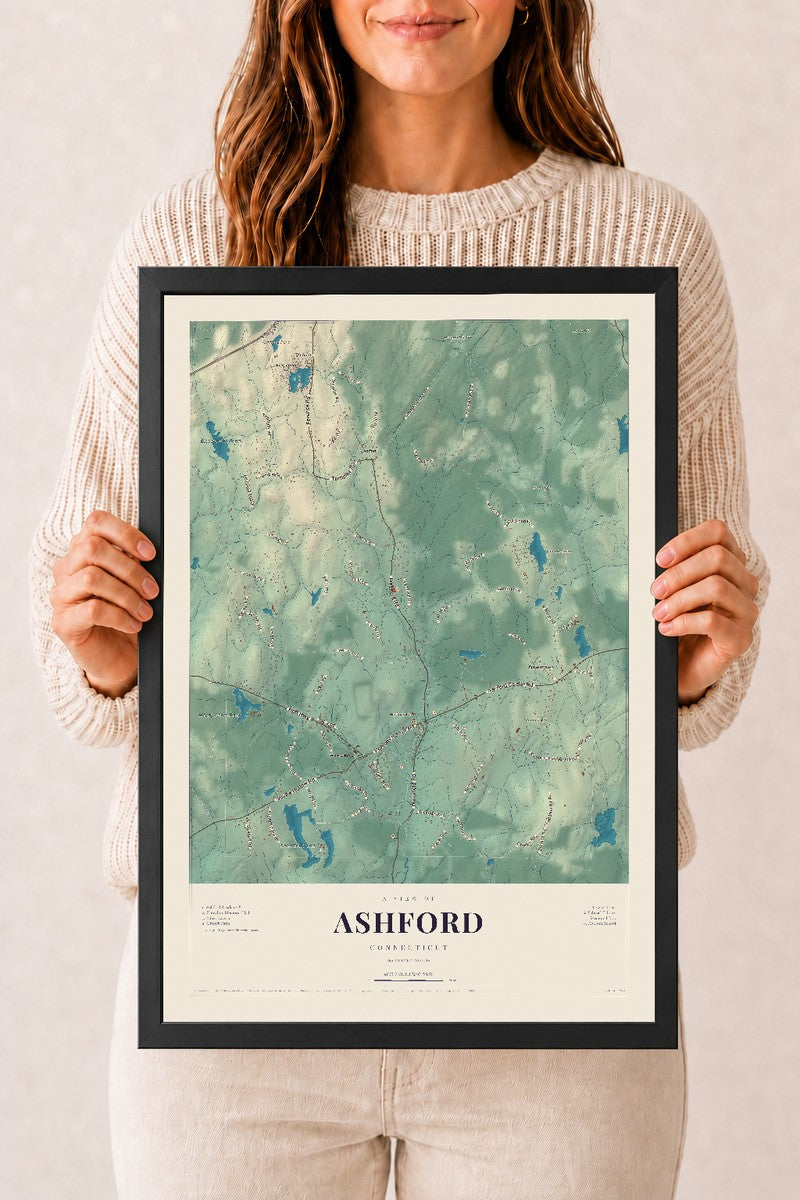 Ashford, Connecticut map print, 12" x 18", W/ Black Ayous Wood Frame