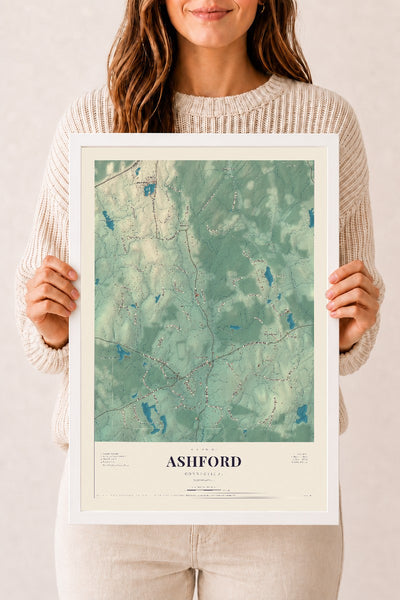 Ashford, Connecticut map print, 12" x 18", W/ White Ayous Wood Frame