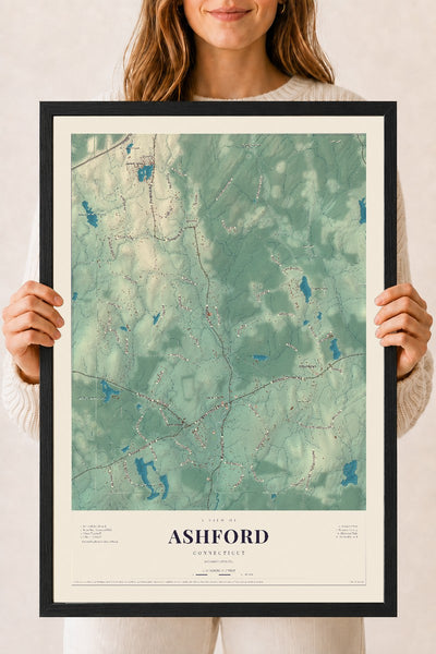 Ashford, Connecticut map print, 18" x 24", W/ Black Ayous Wood Frame