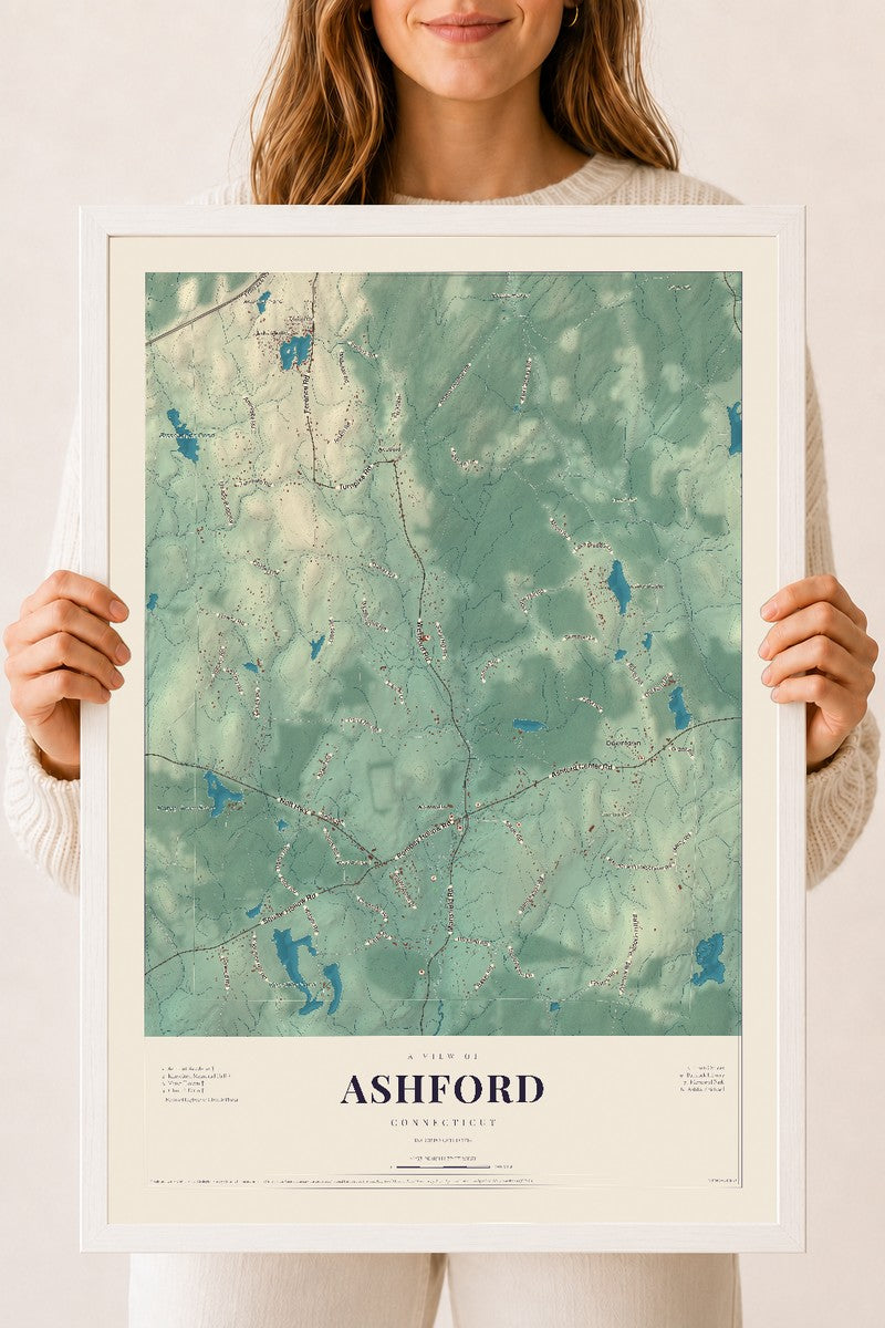 Ashford, Connecticut map print, 18" x 24", W/ White Ayous Wood Frame