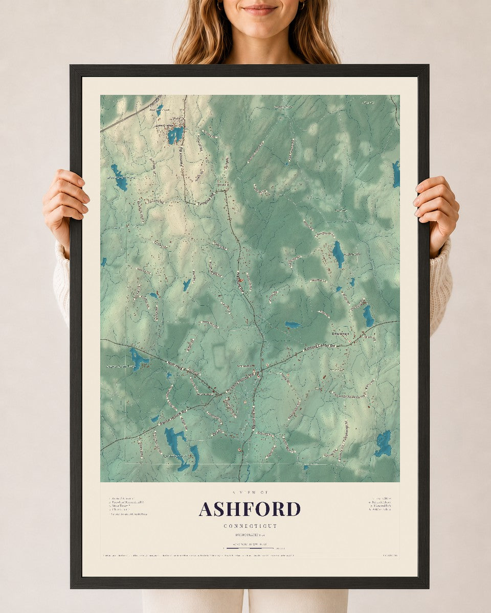Ashford, Connecticut map print, 24" x 36", W/ Black Ayous Wood Frame
