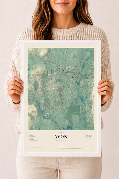 Avon, Connecticut map print, 12" x 18", W/ White Ayous Wood Frame