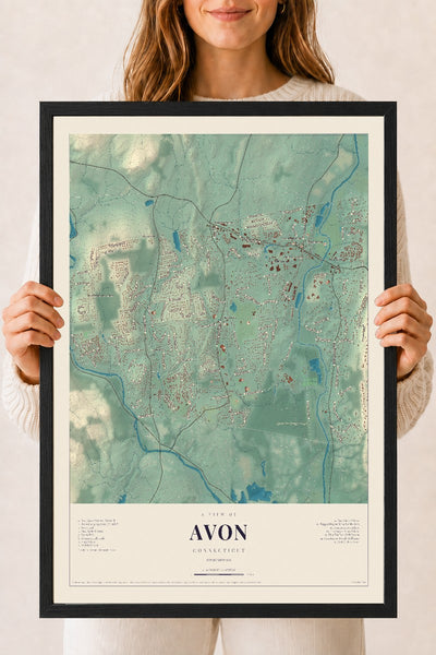 Avon, Connecticut map print, 18" x 24", W/ Black Ayous Wood Frame