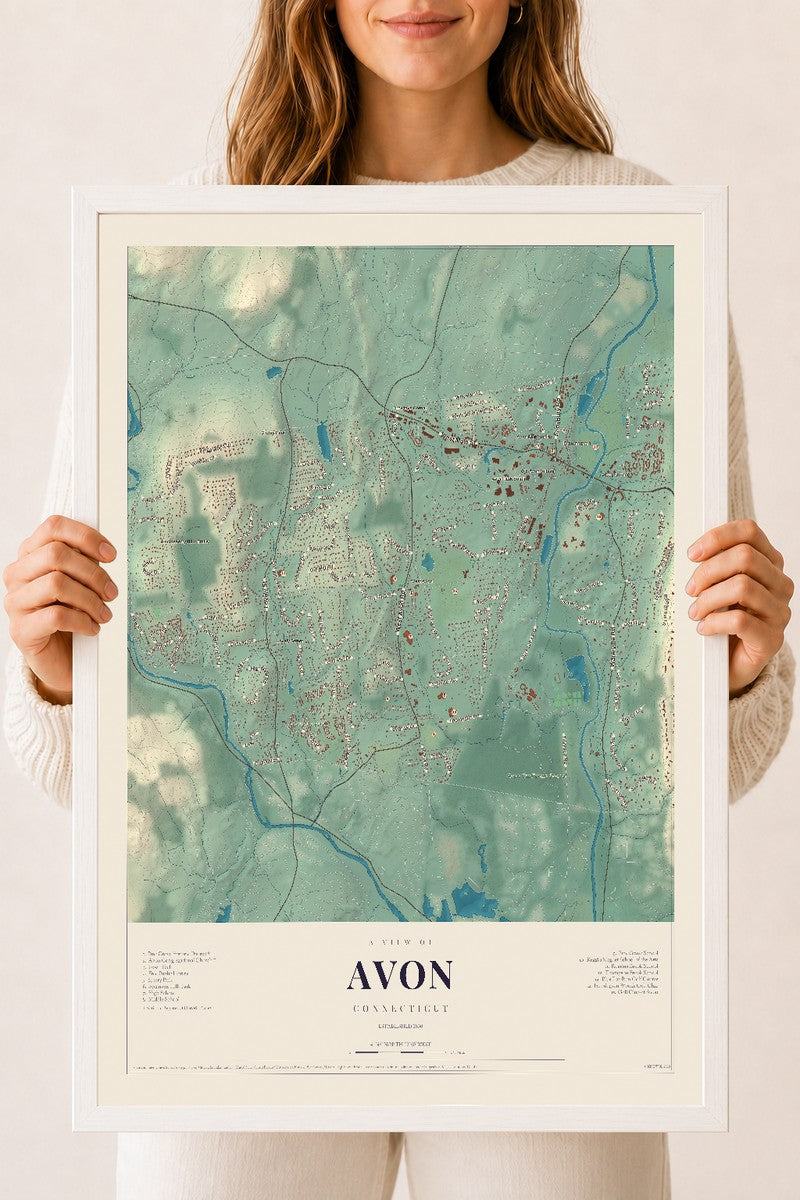 Avon, Connecticut map print, 18" x 24", W/ White Ayous Wood Frame