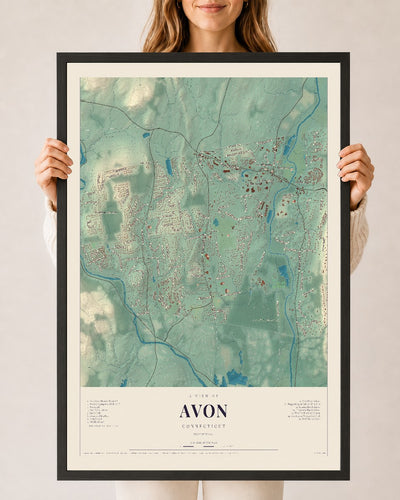 Avon, Connecticut map print, 24" x 36", W/ Black Ayous Wood Frame