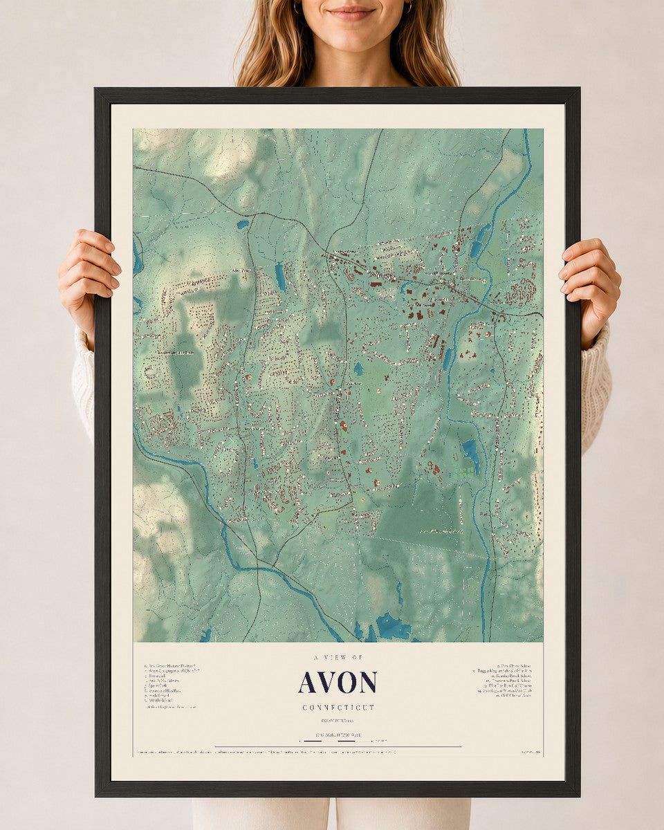 Avon, Connecticut map print, 24" x 36", W/ Black Ayous Wood Frame