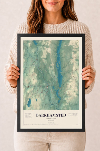 Barkhamsted, Connecticut map print, 12" x 18", W/ Black Ayous Wood Frame