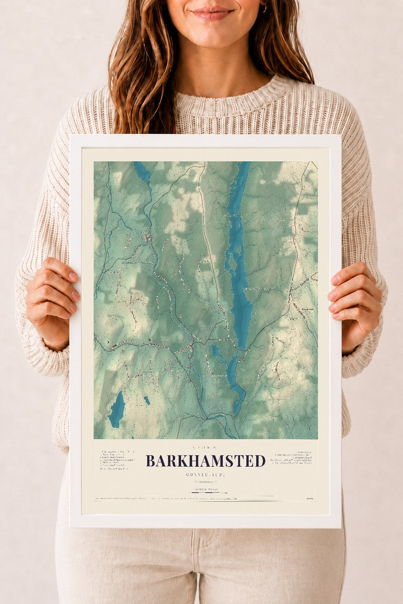Barkhamsted, Connecticut map print, 12" x 18", W/ White Ayous Wood Frame