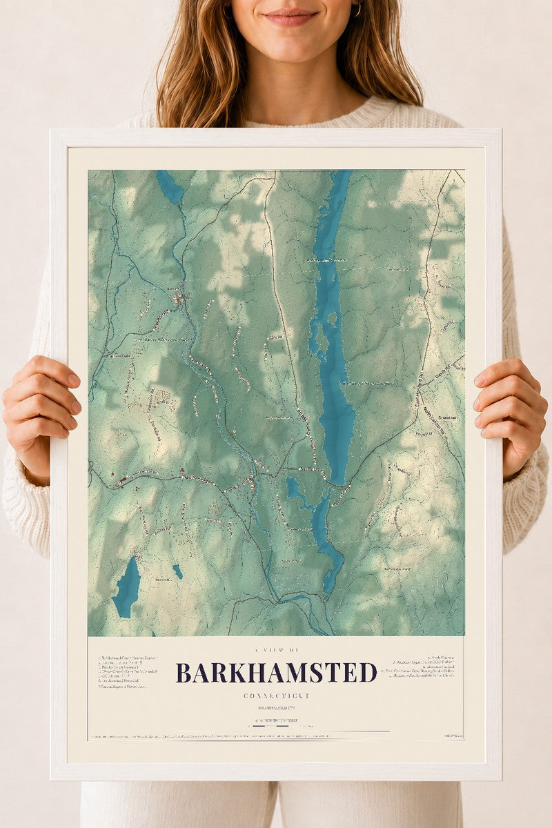 Barkhamsted, Connecticut map print, 18" x 24", W/ White Ayous Wood Frame