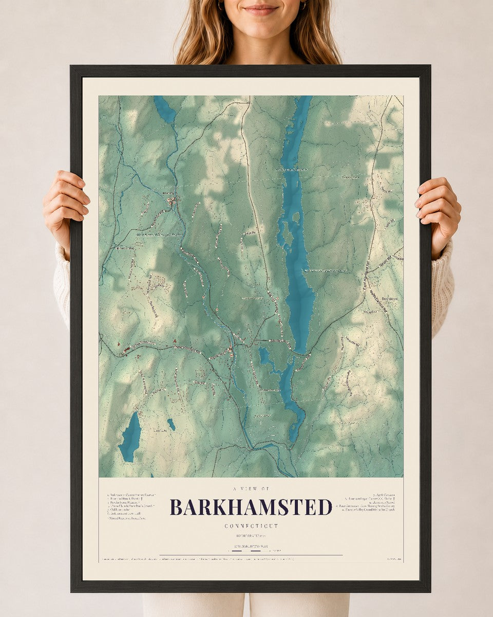 Barkhamsted, Connecticut map print, 24" x 36", W/ Black Ayous Wood Frame