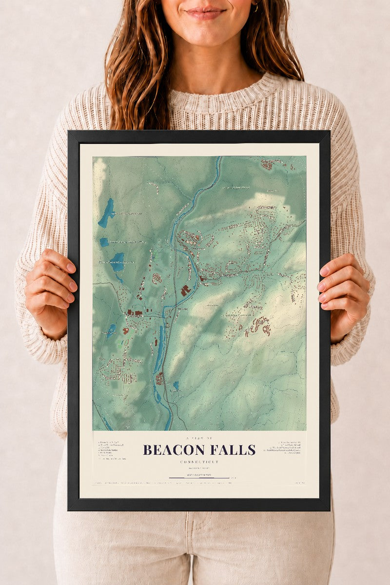Beacon Falls, Connecticut map print, 12" x 18", W/ Black Ayous Wood Frame