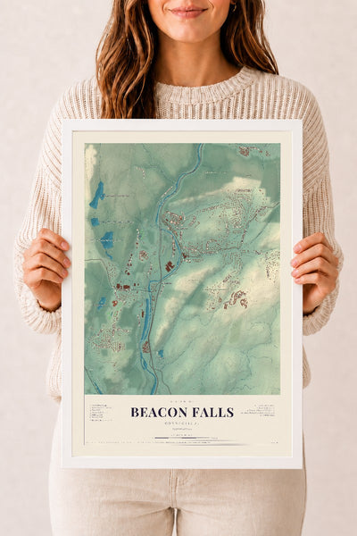 Beacon Falls, Connecticut map print, 12" x 18", W/ White Ayous Wood Frame