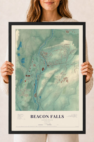 Beacon Falls, Connecticut map print, 18" x 24", W/ Black Ayous Wood Frame