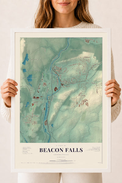 Beacon Falls, Connecticut map print, 18" x 24", W/ White Ayous Wood Frame